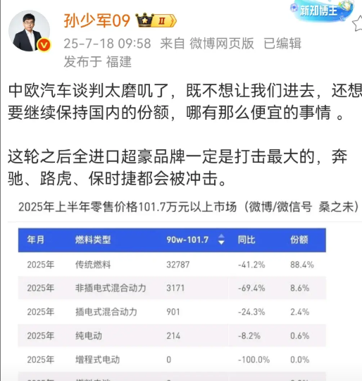 孙少军：中欧汽车谈判太磨叽了，既不想让我们进去，还想要继续保持国内的份额，哪有那