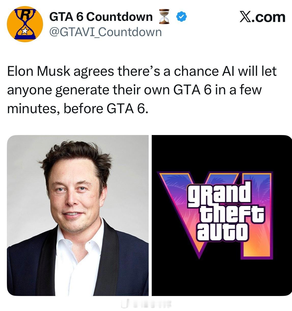 马斯克称AI或能几分钟生成GTA6或许在GTA6正式发布之前就能实现？那挺好