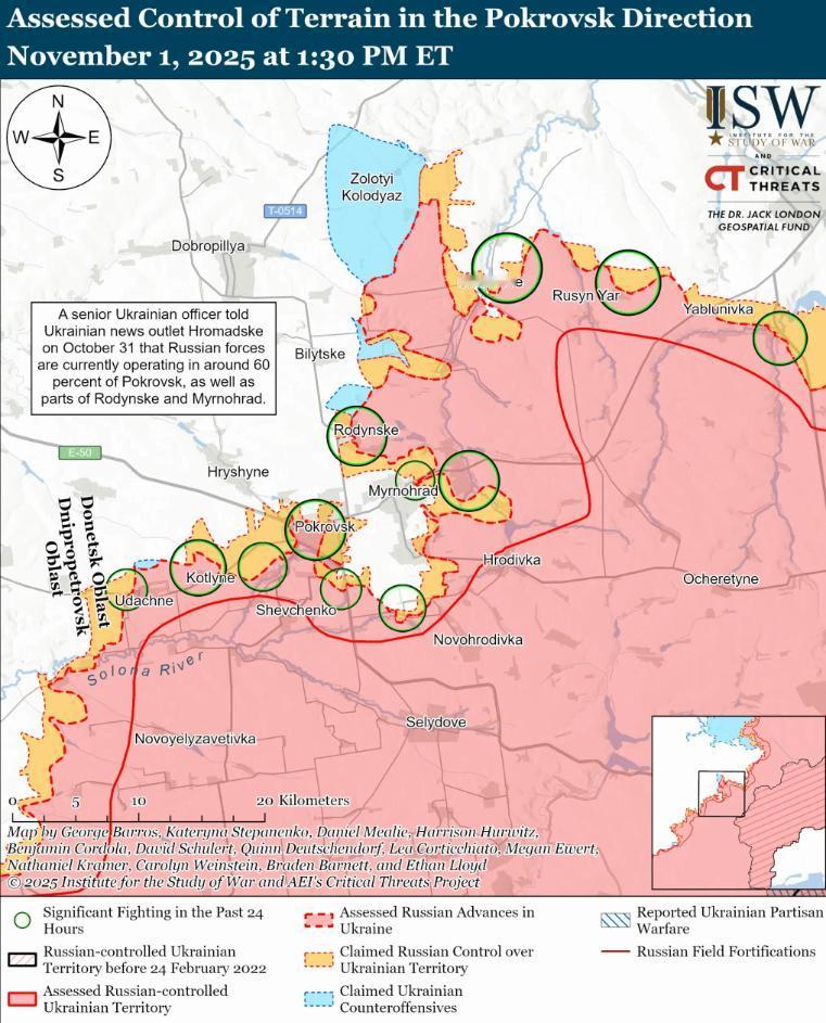 从战争研究所发布波克罗夫斯克的战区图来看，不难发现，乌军依托城防工事，还能有效抵