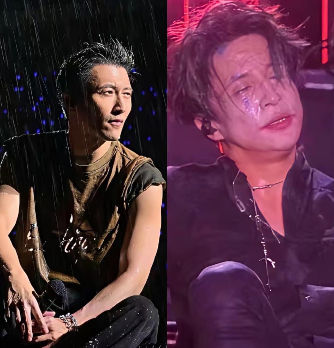 笑不活了！谢霆锋在雨中唱跳两小时，发型没变更没有晕妆。看薛之谦演唱会被雨淋过之后