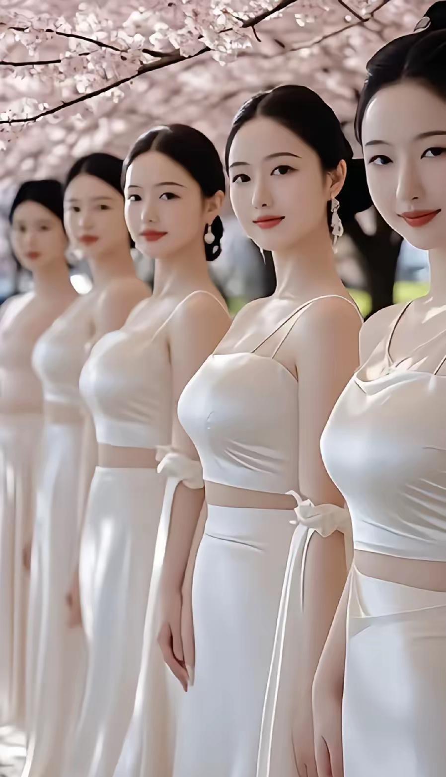 赞AI美女在樱花纷飞的时光小径，AI美女们静静伫立。似月落清池的光影，优