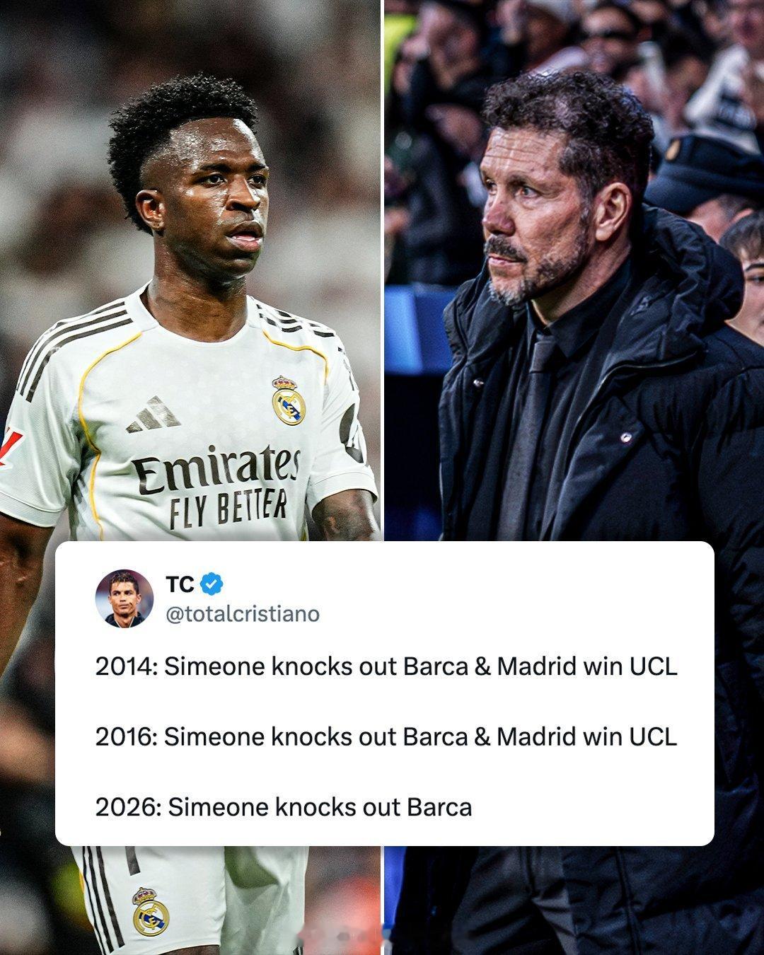 【欧冠冠军花落谁家】2014年：西蒙尼执教的马竞，在欧冠联赛将巴萨淘汰出局，之后