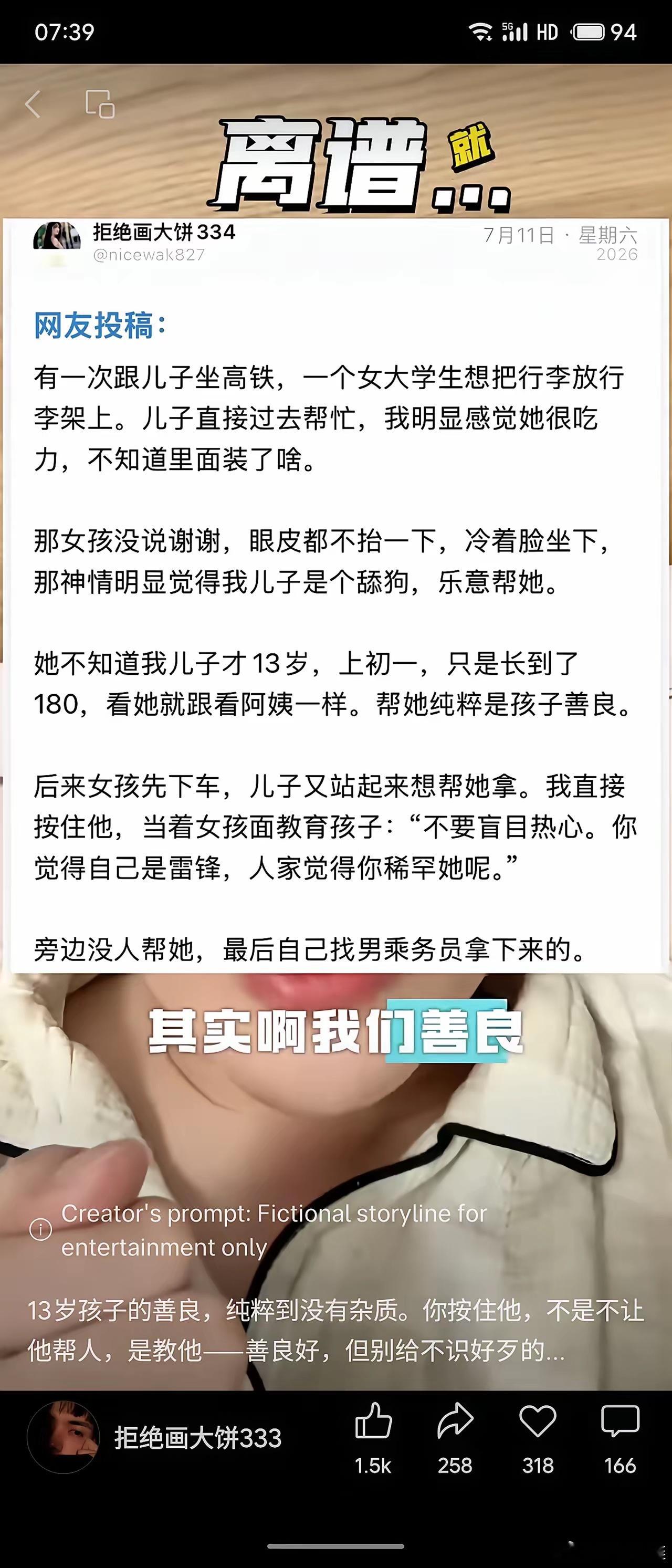 13岁男孩身高180，高铁上帮女大学生放行李，对方冷漠不道谢。女孩下车时男孩想再