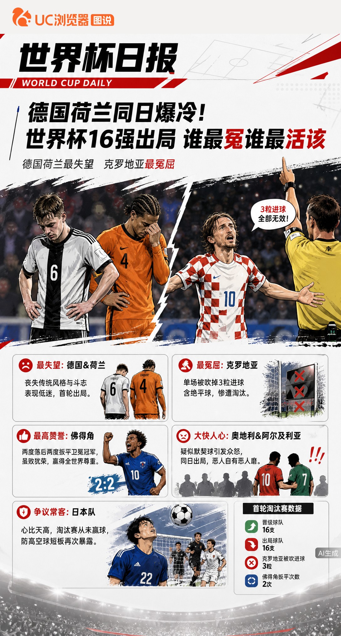 德国荷兰同日爆冷！世界杯16强出局谁最冤谁最活该