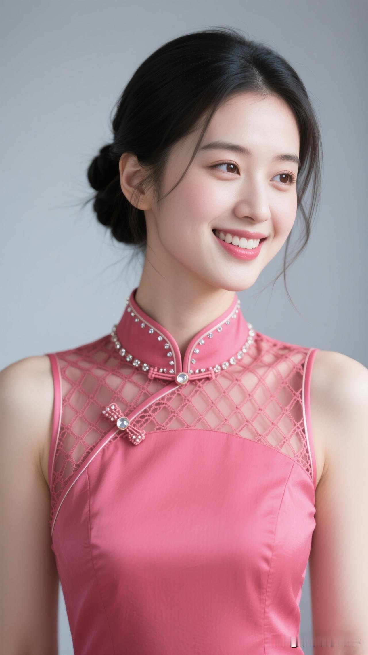 🌸玫红旗袍晕开东方韵，亮钻如星子落进温柔褶皱里。颜色鲜艳的旗袍玫瑰花旗袍写