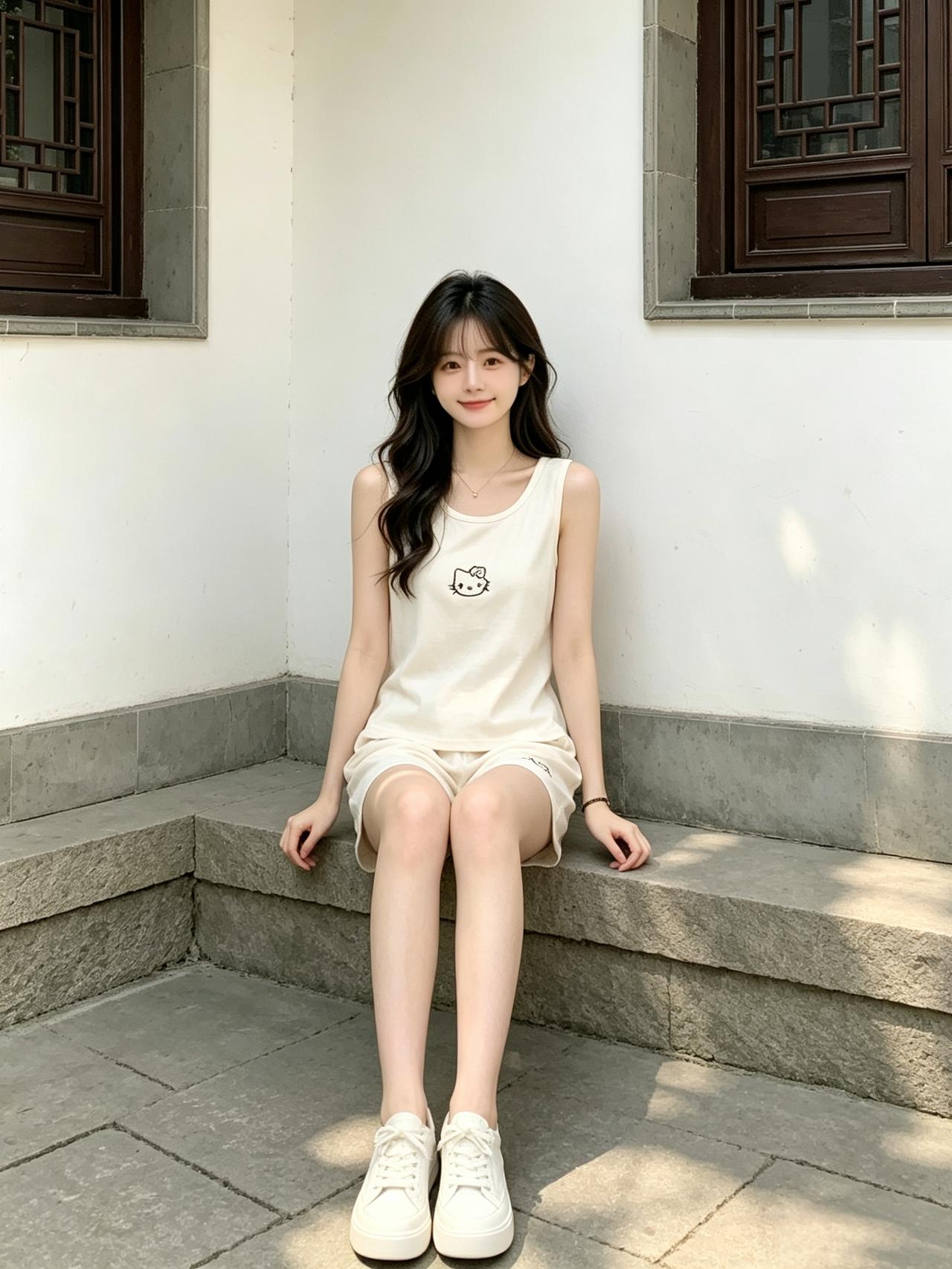 女孩子怎么穿搭既时尚又好看?阳光洒在青石台阶，穿着奶呼呼的凯蒂猫套装，乖巧坐好