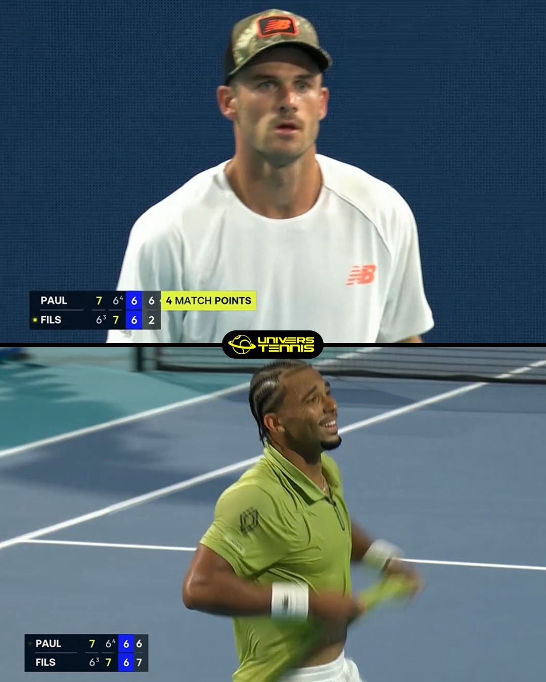 菲斯赢下了这场比赛：三盘抢七决定胜负，大逆转，决胜盘抢七2-6落后，连下6分！挽