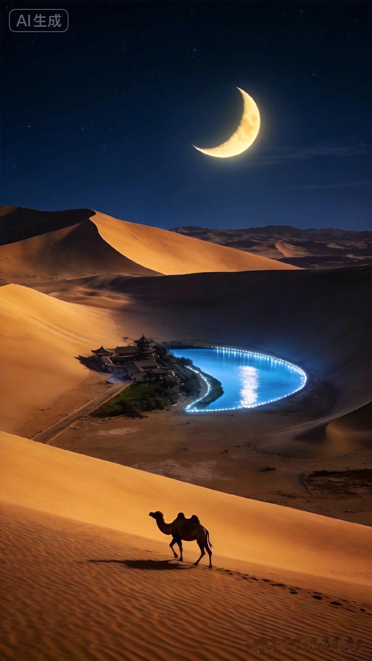 沙漠中的梦幻蓝湖，骆驼漫步其旁，月光如水，宛如仙境。