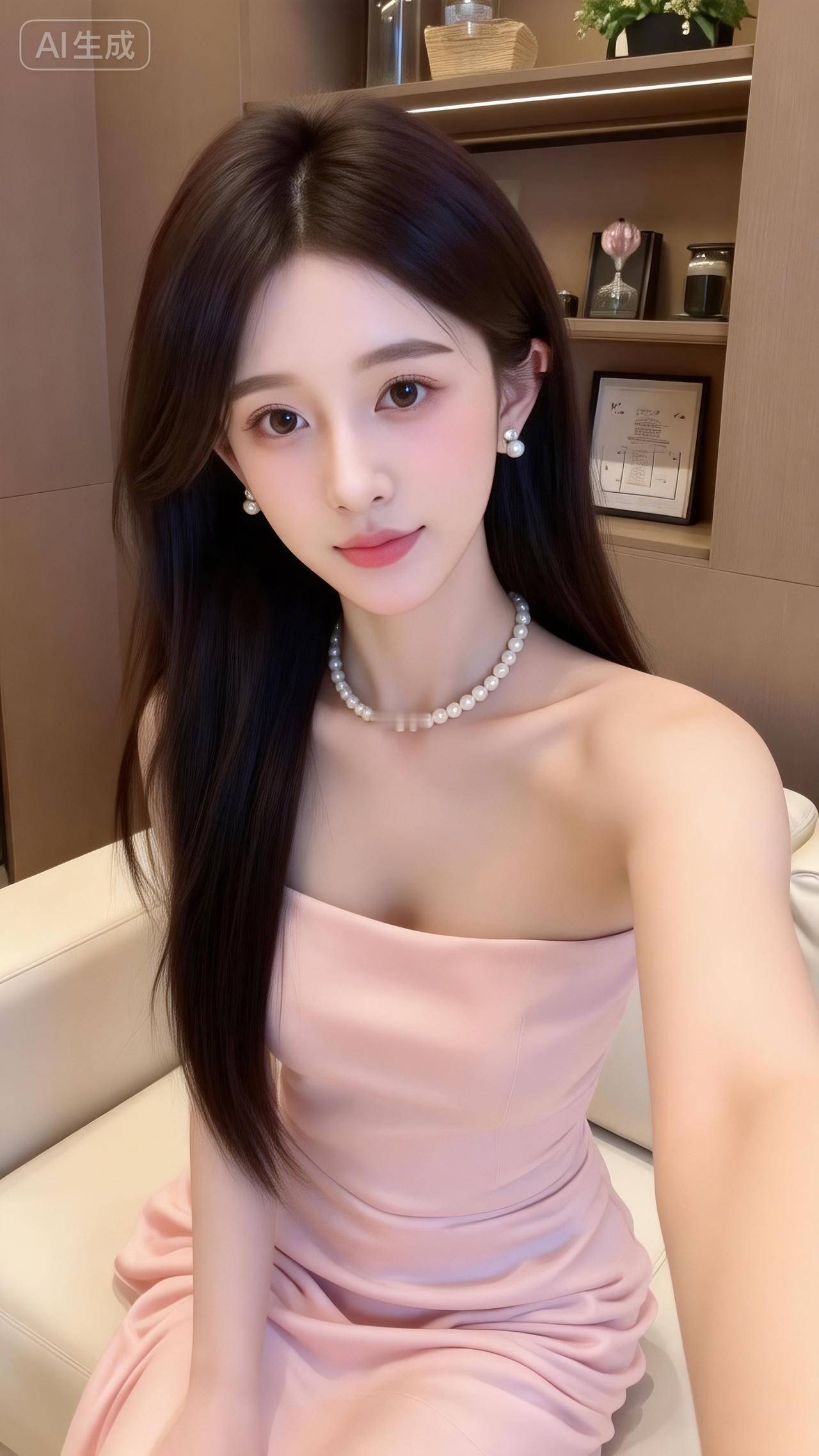 温柔到骨子里的粉裙美人裸粉抹胸裙衬得肌肤像裹了层柔光，珍珠项链+耳饰刚好添