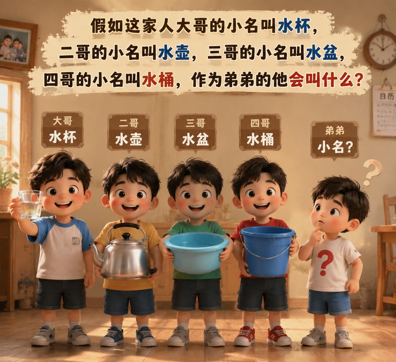 假如这家人大哥的小名叫水杯，二哥的小名叫水壶，三哥的小名叫水盆，四哥的小名叫水桶