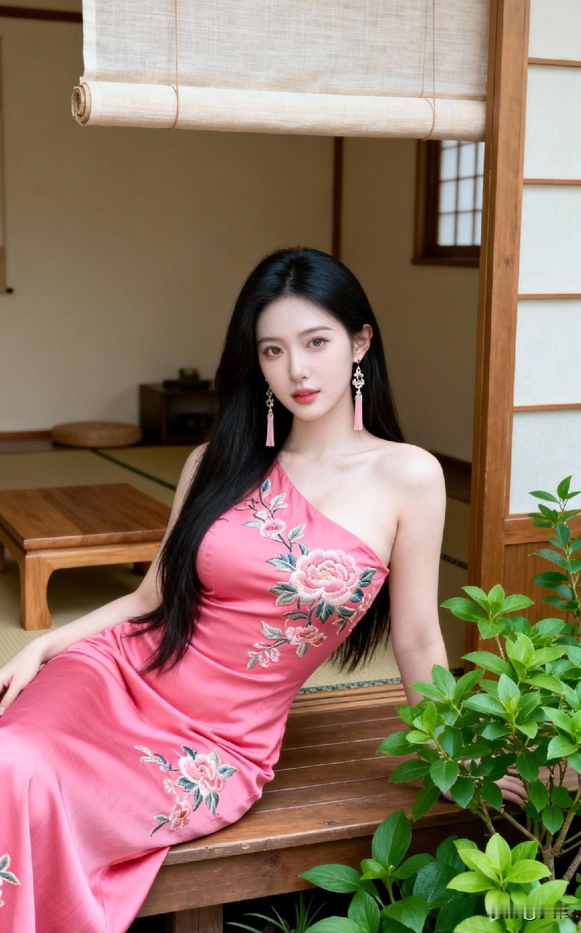 太美了，穿着粉色裙子的美女在室内坐着