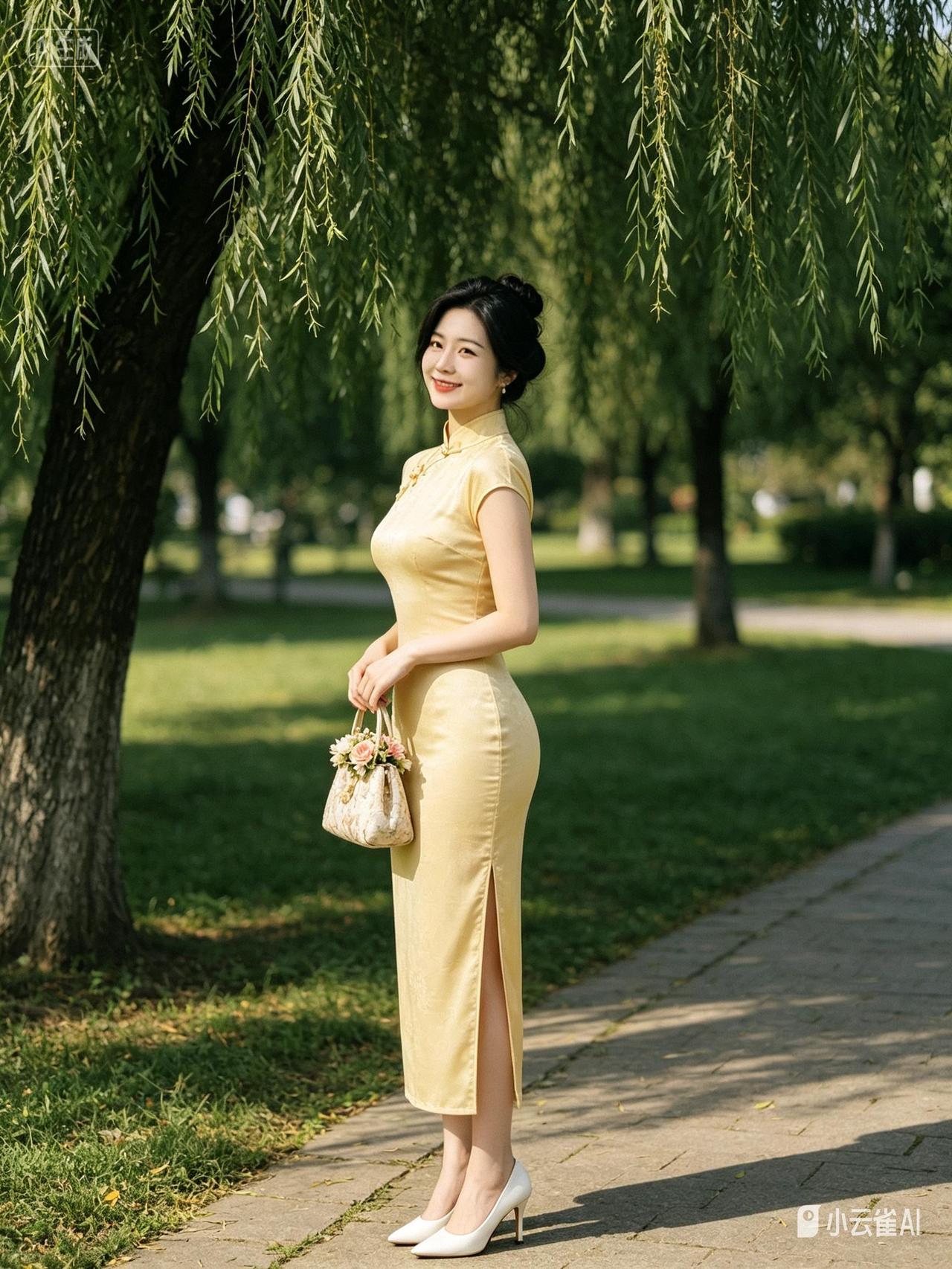 细雨漫过花丛，旗袍与牡丹相映，一颦一笑，皆是独属于中式的浪漫雅致。