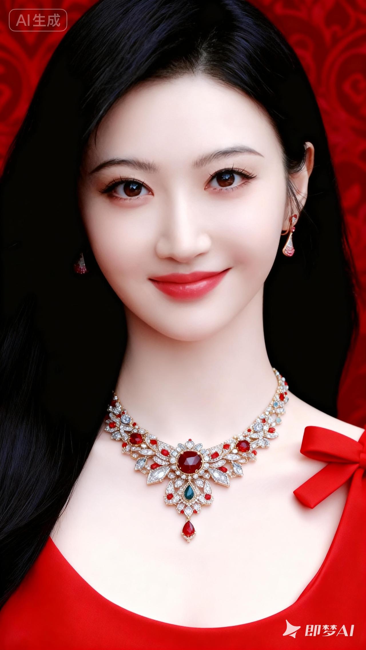 优雅红衣美人，闪耀珠宝项链，尽显奢华气质！