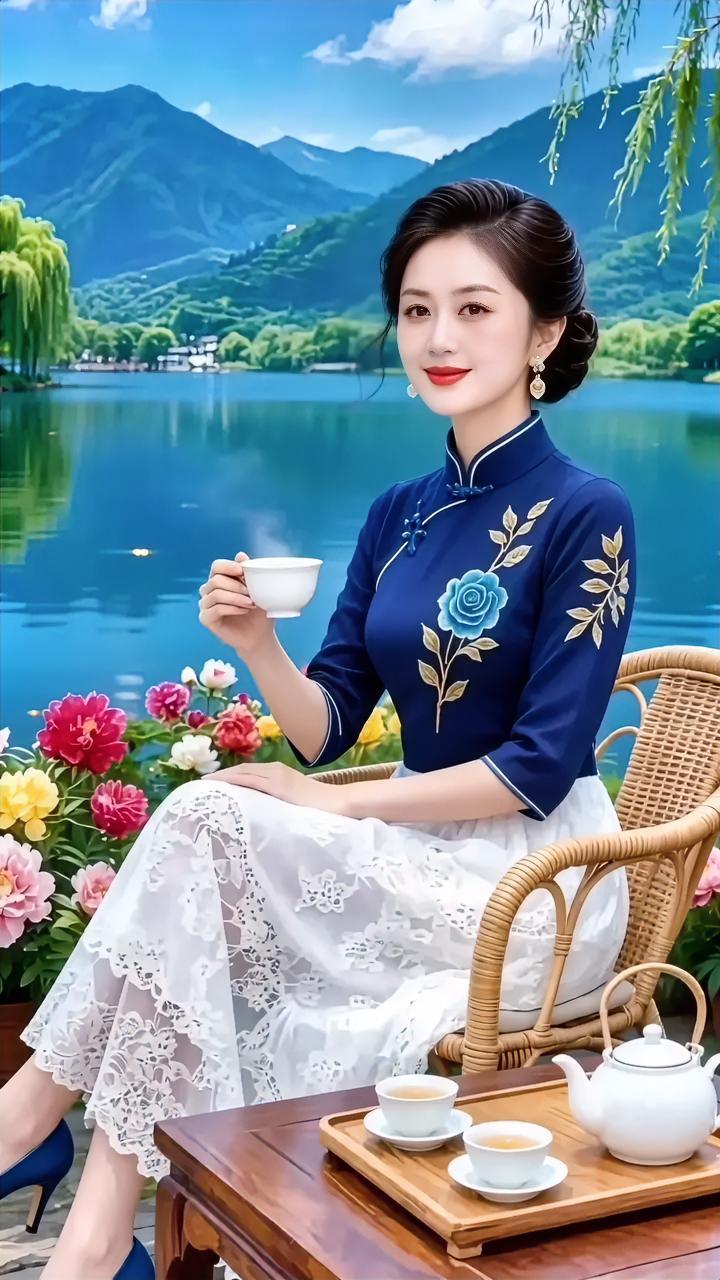 在湖边喝杯茶，享受美好时光。荷塘品茶照湖畔品茗时光湖畔喝茶湖边茶生