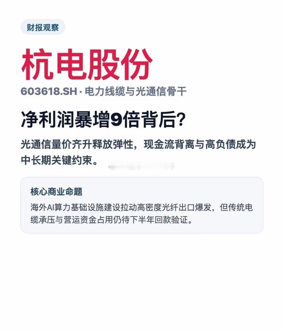 【杭电股份】净利润暴增9倍背后8月26日杭电股份披露2026年半年报，归母净利润