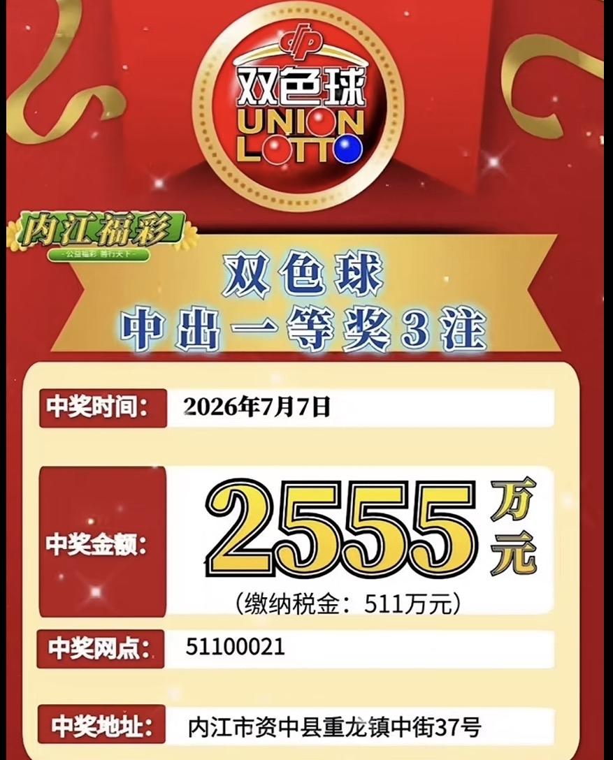 鸿运降临！四川彩民收获2555万元大奖。双色球2607期开奖，全国一共开出6注一