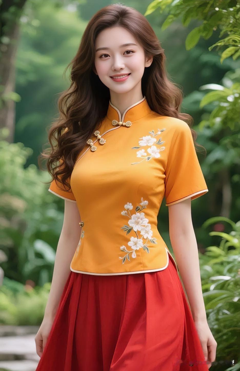 橘黄绣花上衣配红裙，于绿意盎然中浅笑，明媚温婉，尽显新中式的诗意与风情。