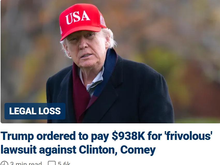 特朗普因“无理取闹”的诉讼被法院判处100万美元罚款当地时间周三，美国联邦第