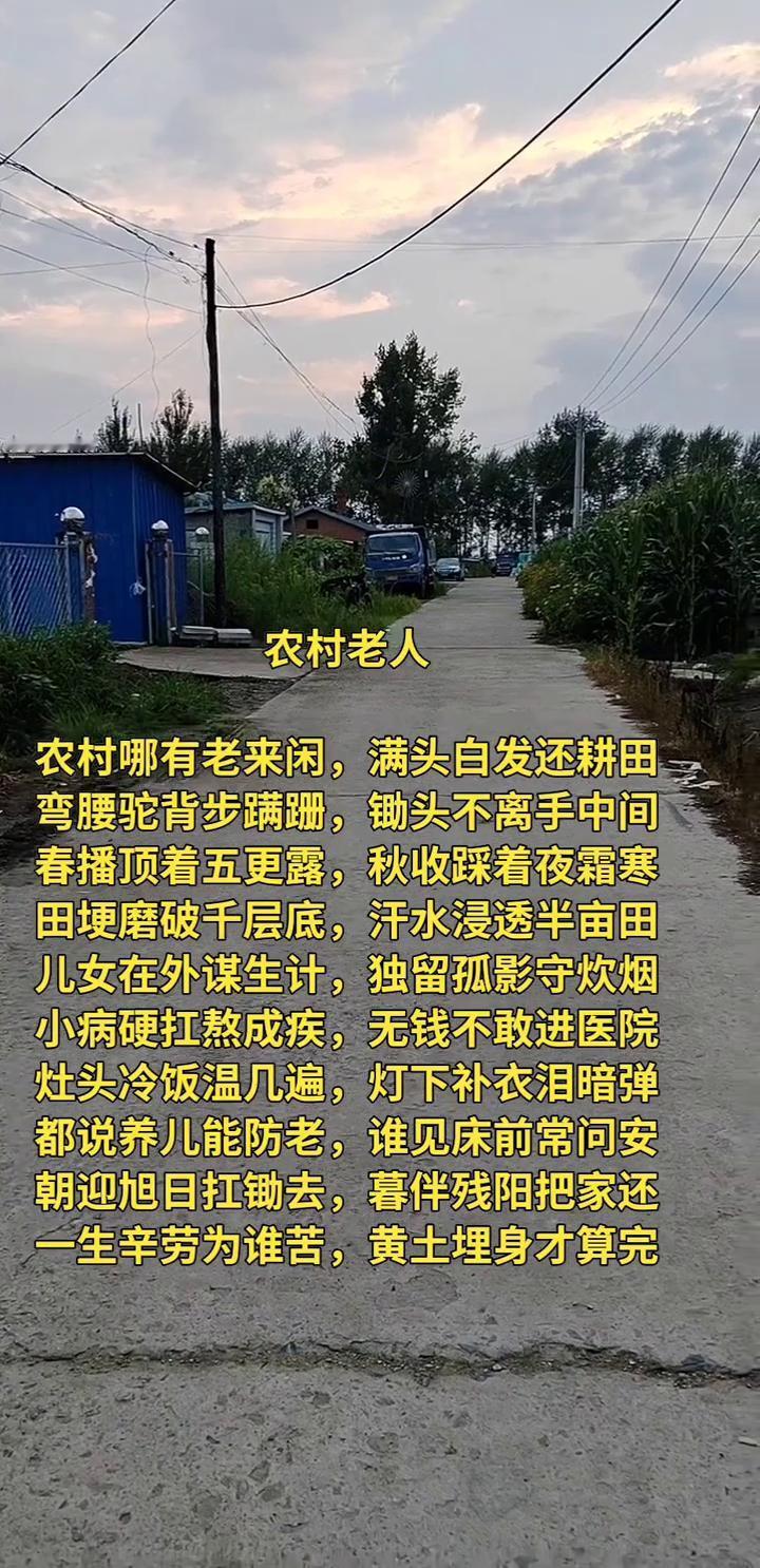 农村老人。农村哪有老来闲，满头白发还耕田。弯腰驼背步蹒跚，锄头不离手中间。春播