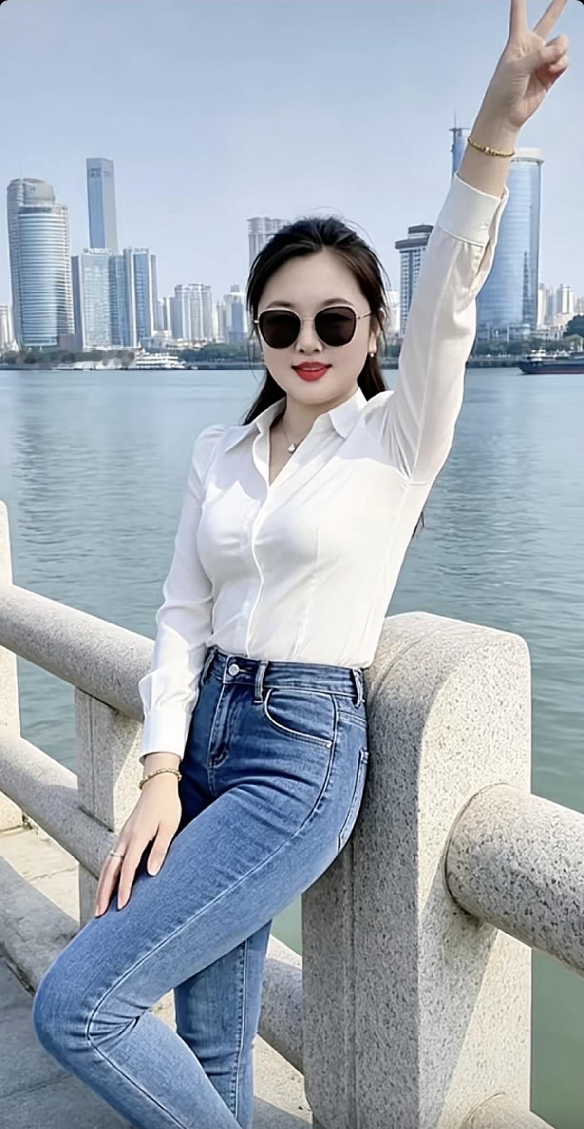 白色衬衫与牛仔裤，阳光下的自信微笑。永远的漂亮、时尚。