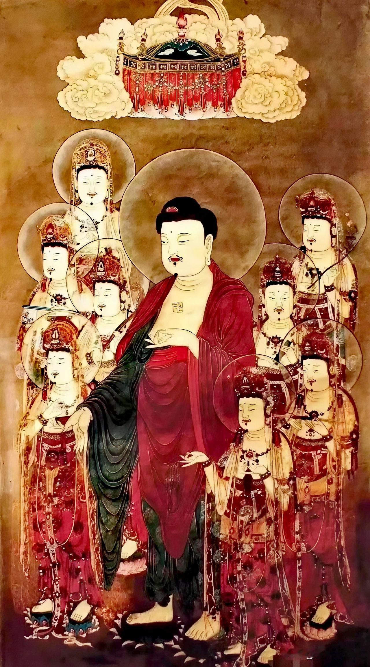 阿弥陀佛八大菩萨｜一眼见佛，一念心安你看这画里，阿弥陀佛端坐中央，八大菩萨如