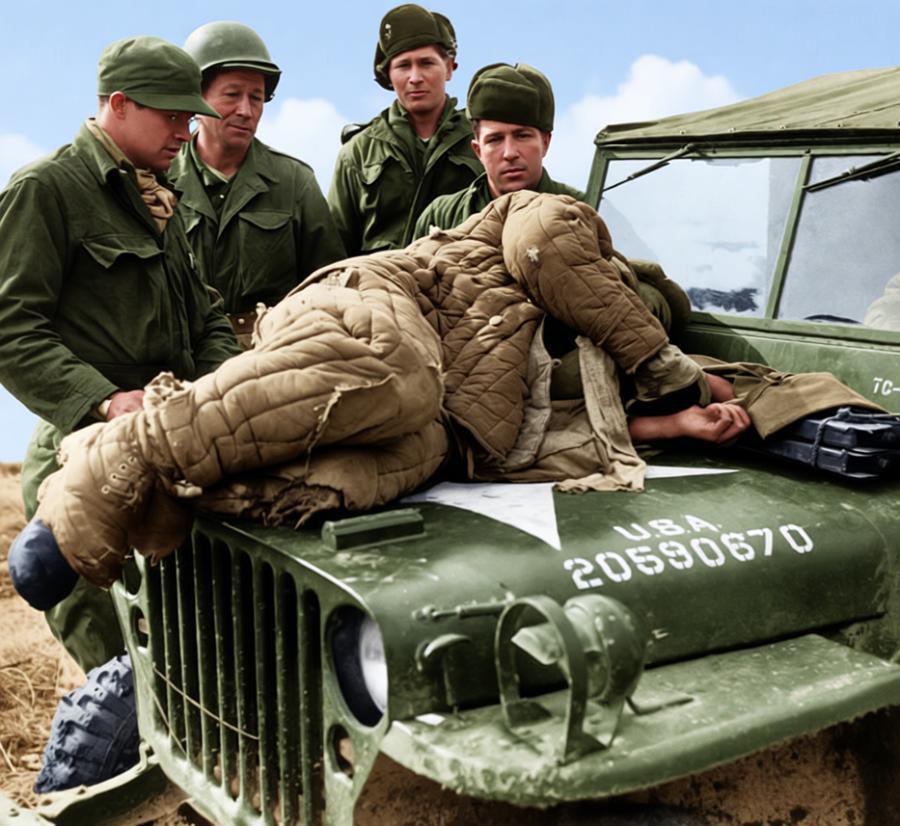 这张照片拍摄于抗美援朝战争期间，美军的一辆WillysM38吉普车引擎盖上，围