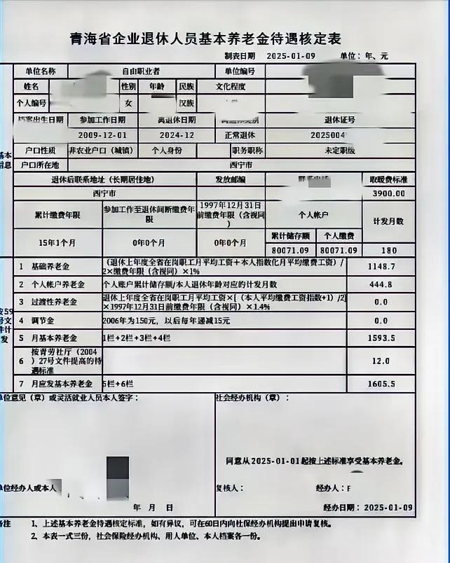 一份青海的灵活就业人员基本养老金待遇核定表：2025年1月起始，月享基本养老金¥