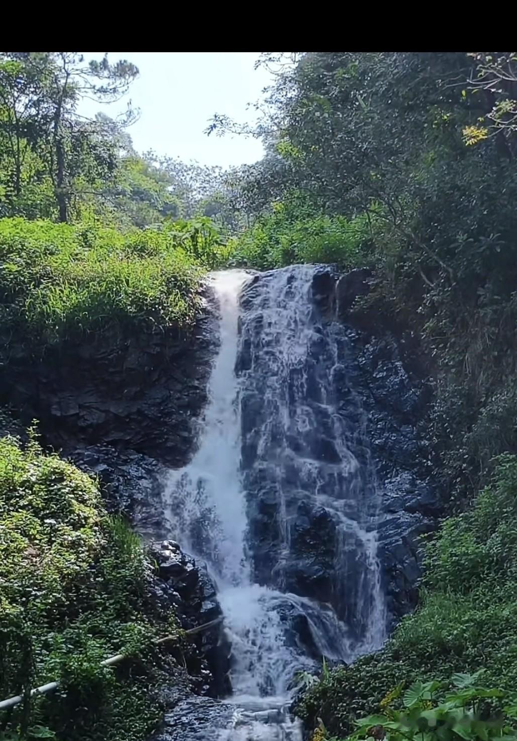 夏日生活打卡季山林之间，飞瀑顺着黝黑岩壁倾泻而下，水花奔涌飞溅。四周草木繁茂葱郁