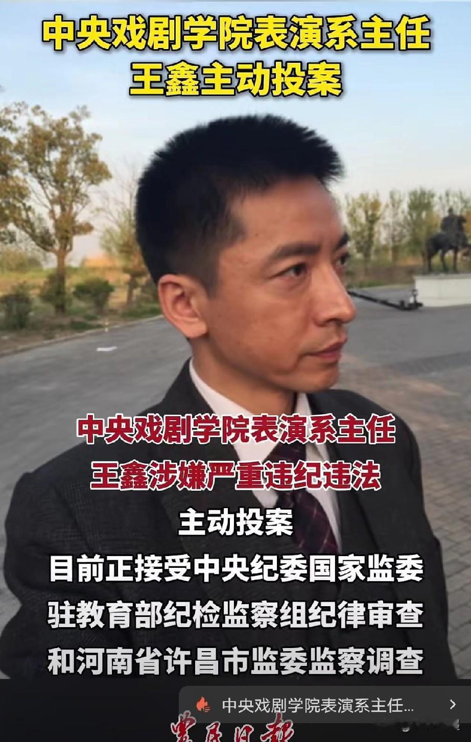 刚刚投案的王鑫不光是中戏表演系主任，还是位优秀的演员，曾经出演过《风筝》这部谍战