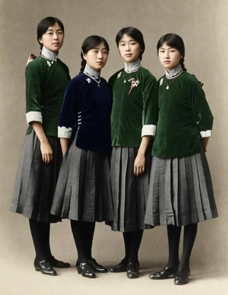 1916年，北京培华女子中学的校服真的是好看啊！放在今天也不算LOW。右一是才华