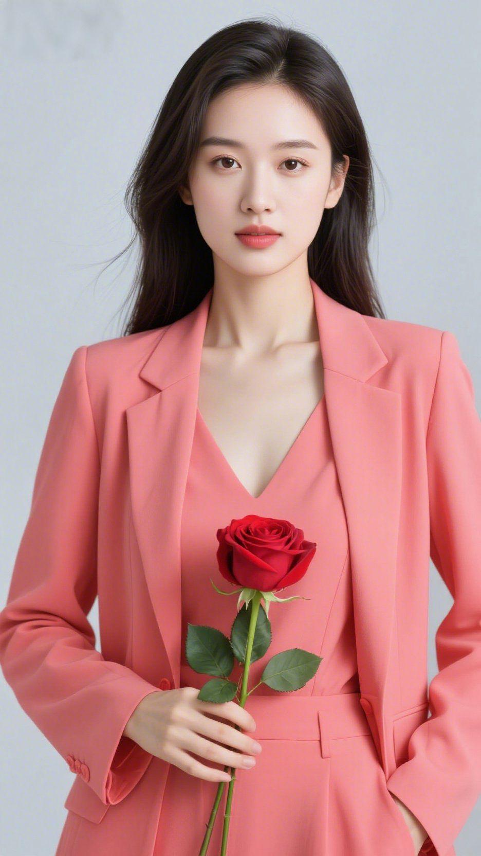绯色轻光浅灰底色里，绯粉西装裹着舒展的利落，像把春日的柔霞织进了衣料的纹路
