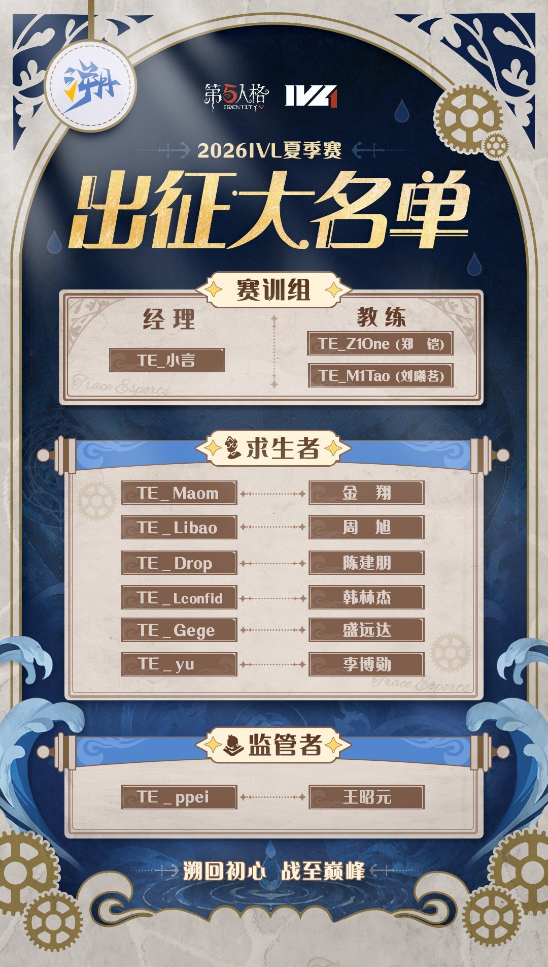TE溯第五人格【TE溯2026IVL夏季赛出征大名单】经理：TE_小言教练：T