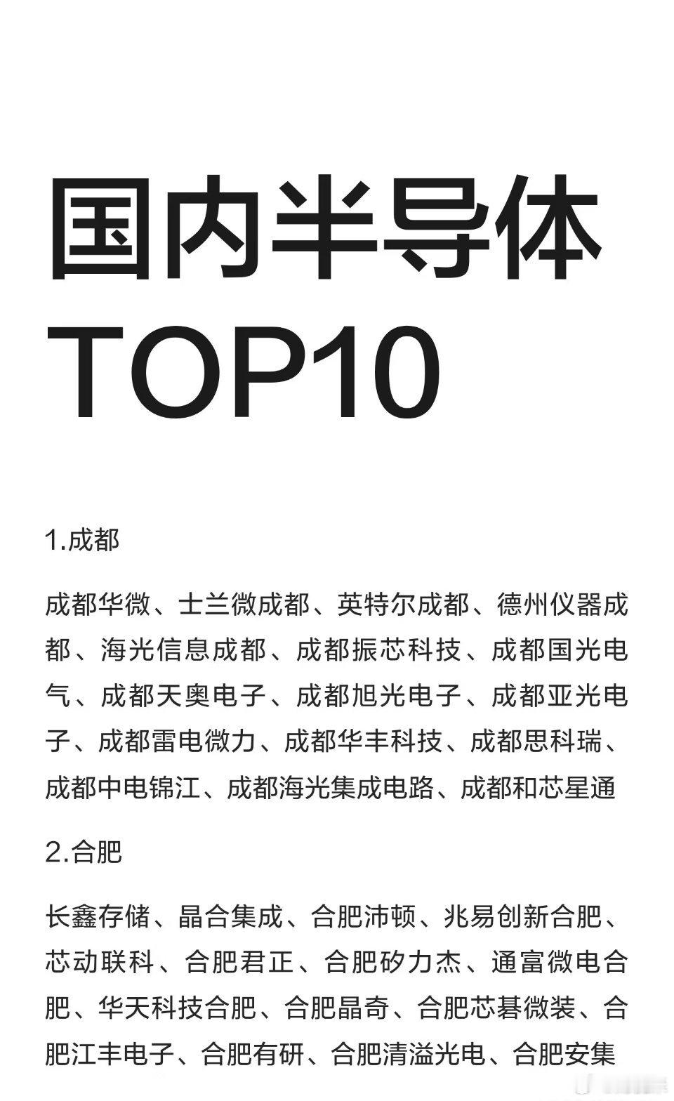 国内半导体TOP10城市产业图谱📑整理国内十大半导体集聚城市，各城市核心代表企