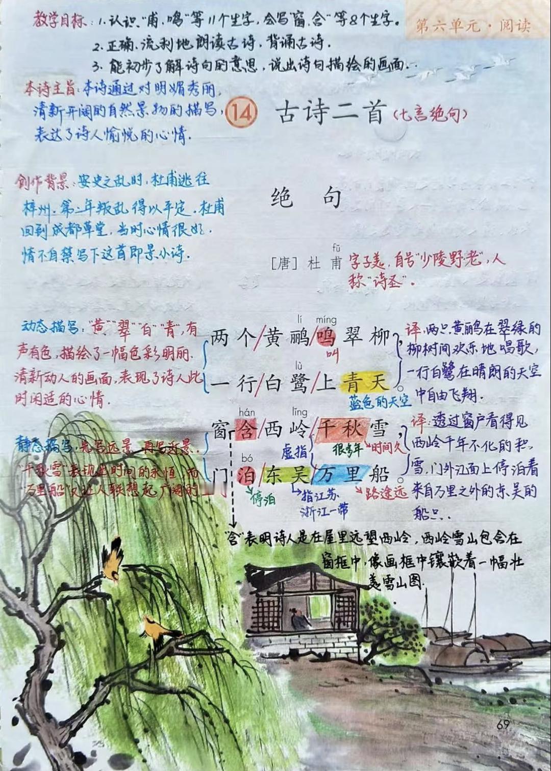 二年级下册语文，第六单元第14课《古诗二首》课堂笔记，收藏备用二年级语文