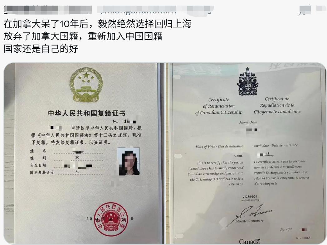 放弃加拿大国籍，重新加入中国国籍，国家还是自己的好。