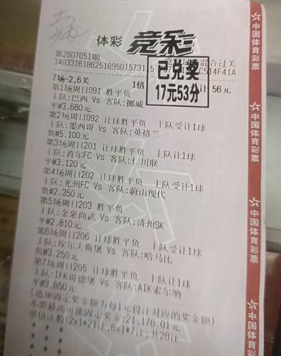朋友买的一注彩票，打了今天的两场世界杯比赛，还有三场K联赛和两场瑞典超的比赛。投