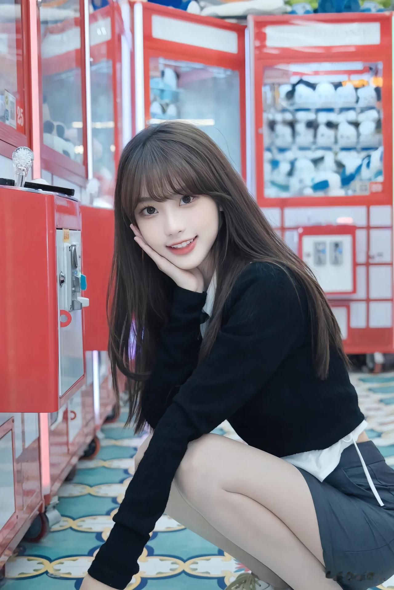 元气少女在自动贩卖机前打卡，可爱满分！📸💖