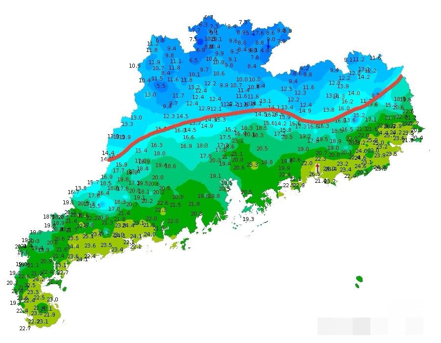 冷空气已经到广东一半的地方了！截止下午4点，冷空气已经到肇庆中部～广州北部～
