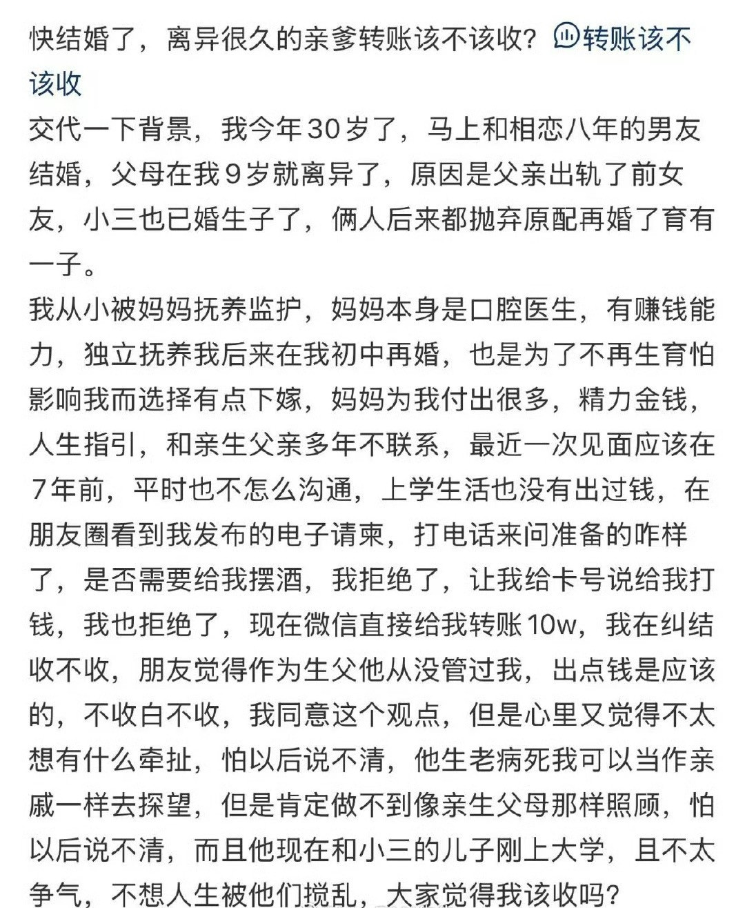 快结婚了离异很久的亲爹转账该不该收​？[并不简单]​​​