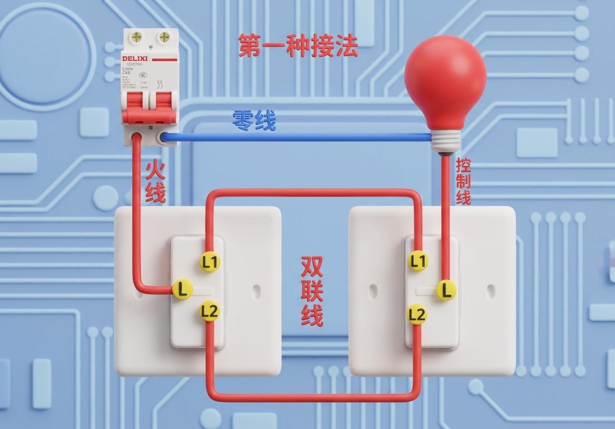 双控灯的三种接线方法，第1种最常用；第2种费线，不怎么用；第3种省电线，危险