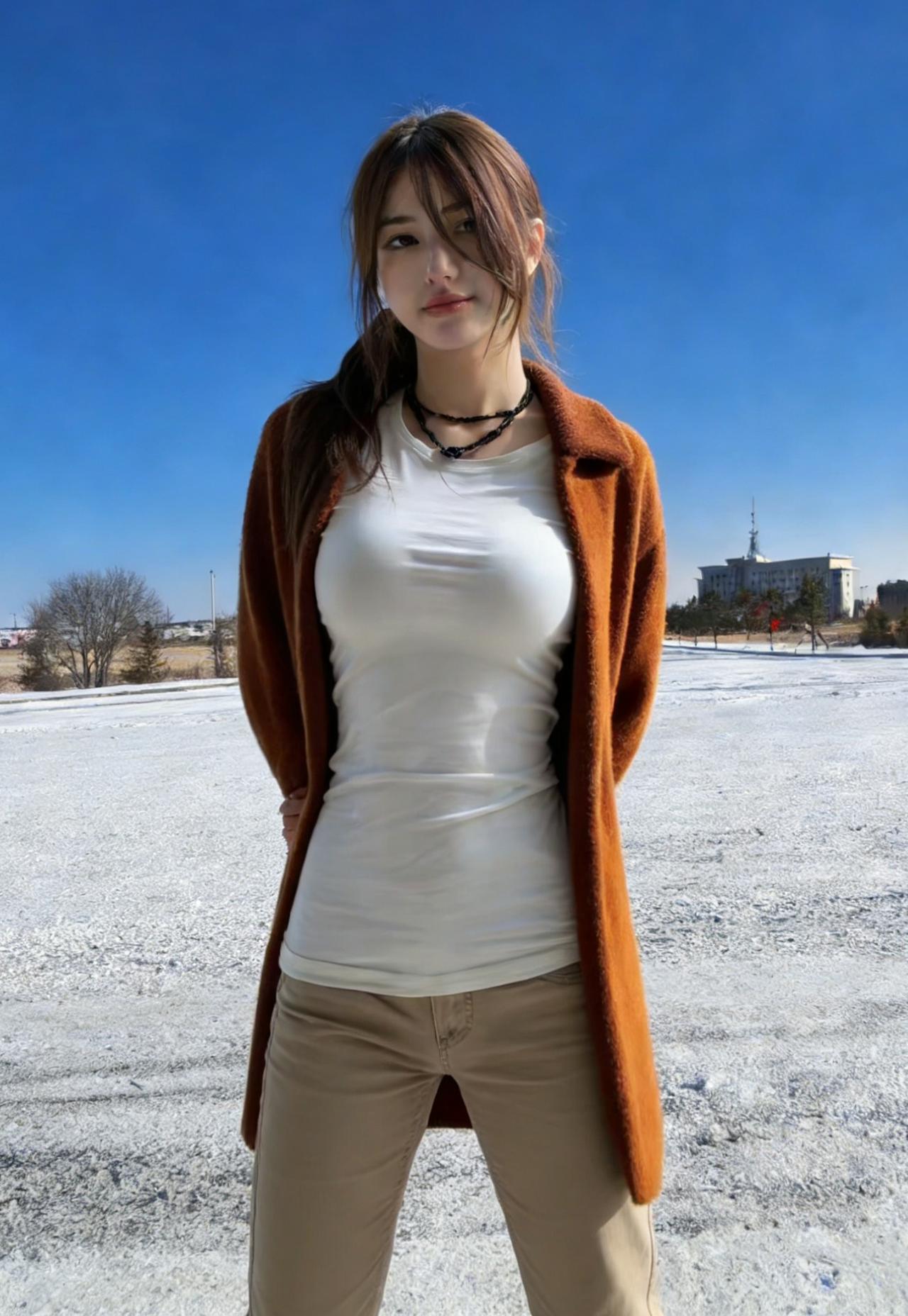 朔风卷雪满长堤，枯树寒枝覆玉泥。褐袂轻披凝暖色，白衫斜衬露纤脐。颈间黑链摇寒