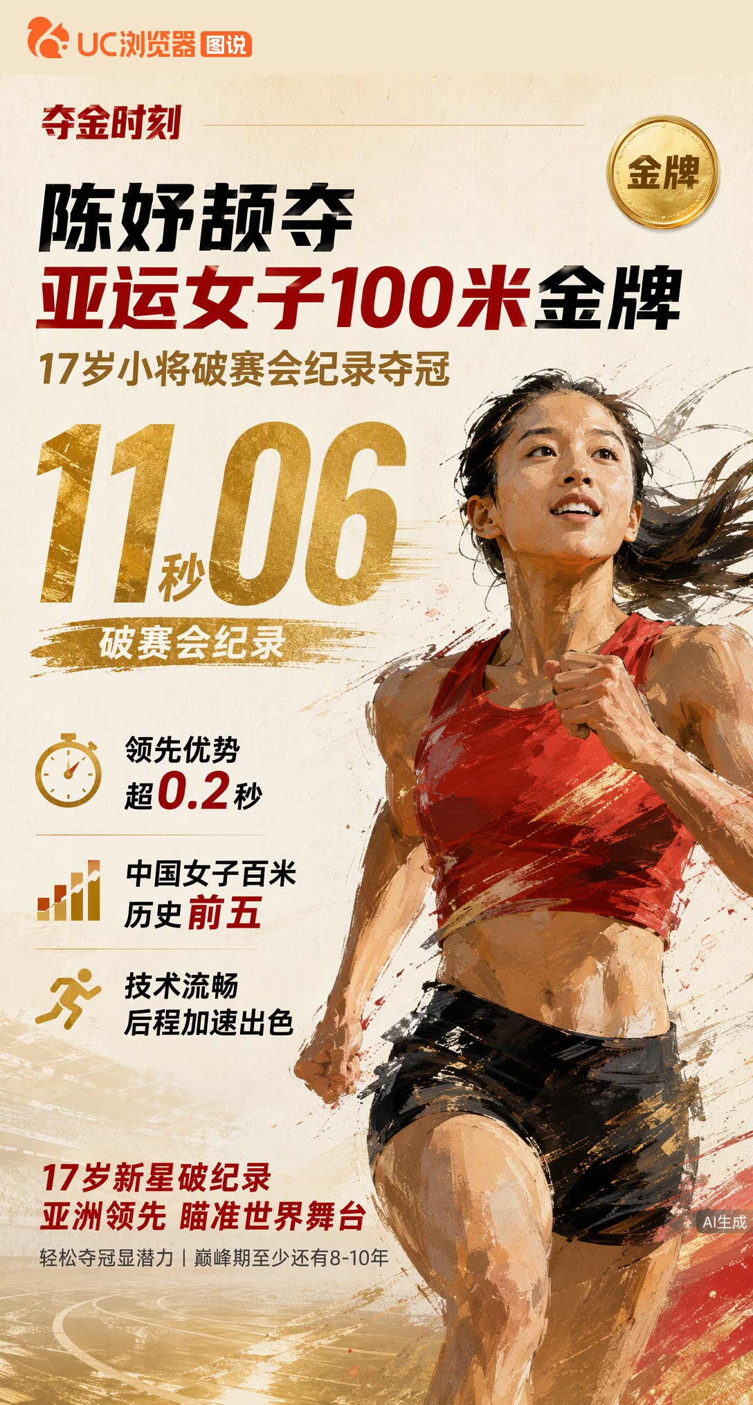 17岁陈妤颉11秒06夺亚运女子百米金牌并破赛会纪录！领先第二名超0.2秒，成绩可排中国历史前五，赛