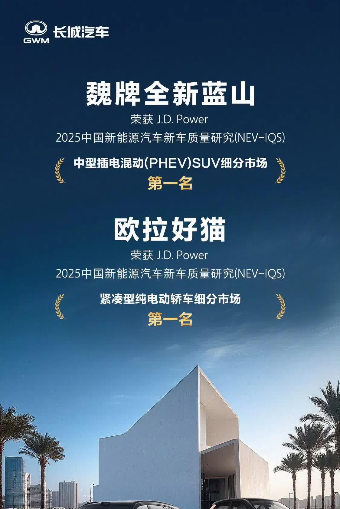 魏牌蓝山，获得中型插电混动SUV质量第一名🥇，好厉害！欧拉好猫，获得紧凑型