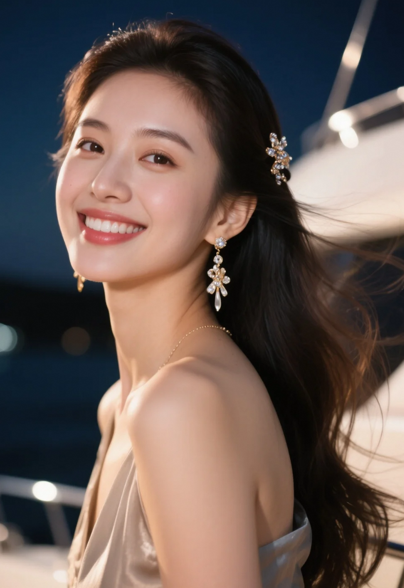 耳环闪，眼波亮，长发一扬——她把夜晚穿在了身上