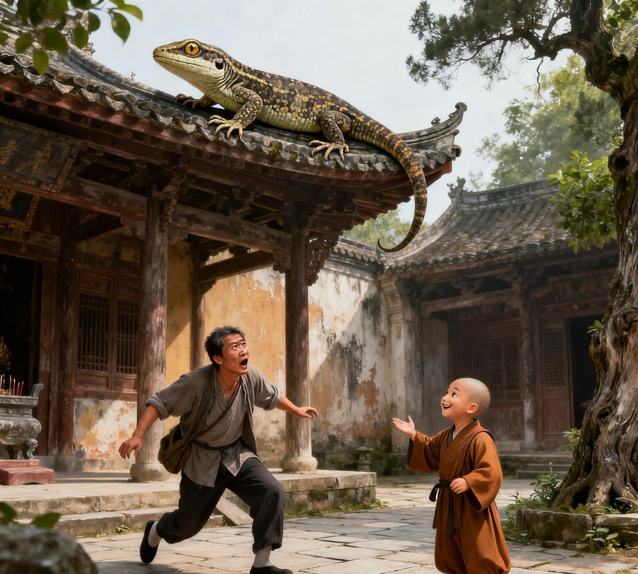 某县有个海惠寺，其藏经阁上，有只大壁虎，差不多一丈长。夏天夜里，常能看见阁檐边有