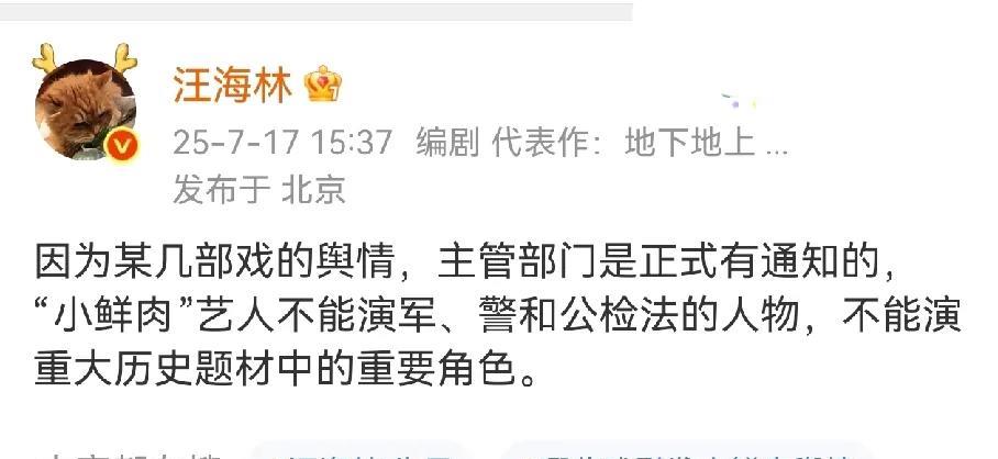 汪海林说，以后小鲜肉都不演军人了，历史重大人物也不能演。但是没说对小鲜肉的定义