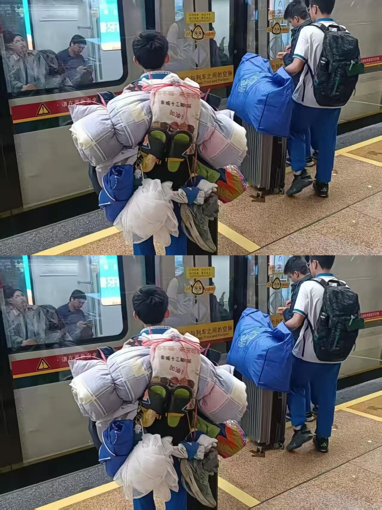 放假返程的广州街头，黄埔某中学的学生火了！家长没能来接，没有行李箱的他，就用绳子