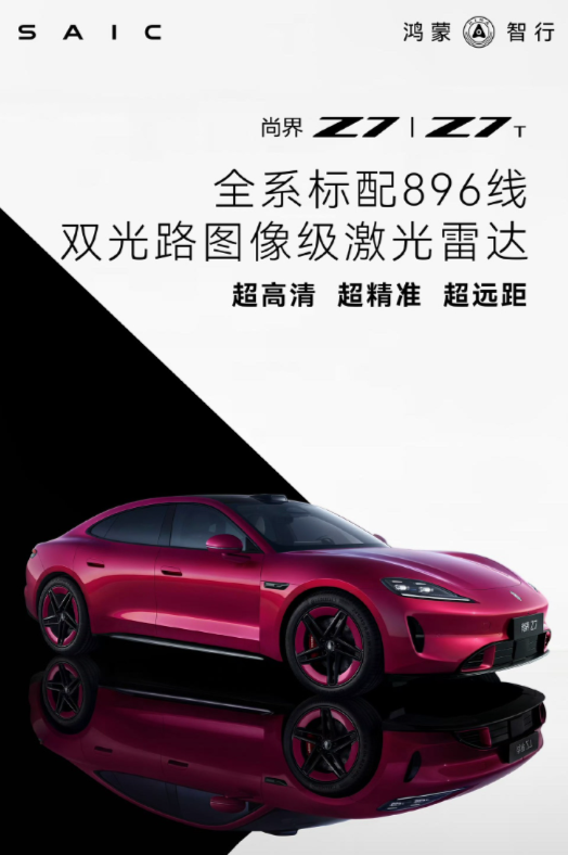 鸿蒙智行:尚界Z7、Z7T全系标配896线双光路图像级激光雷达！