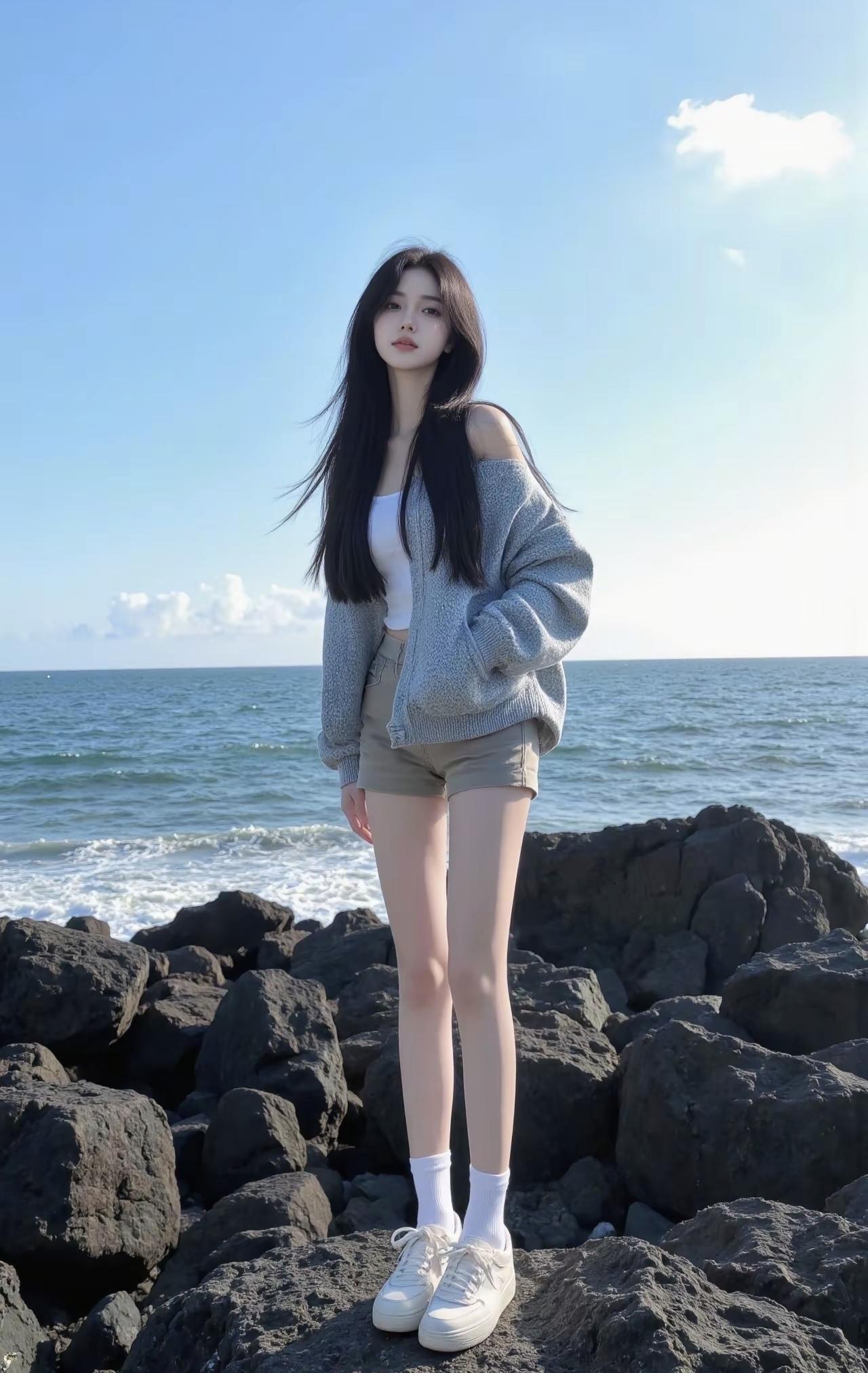 海风吹乱发梢的瞬间，把夏天的蓝都揉进眼里啦。礁石沾着咸湿的浪，白鞋踩着发烫的石，