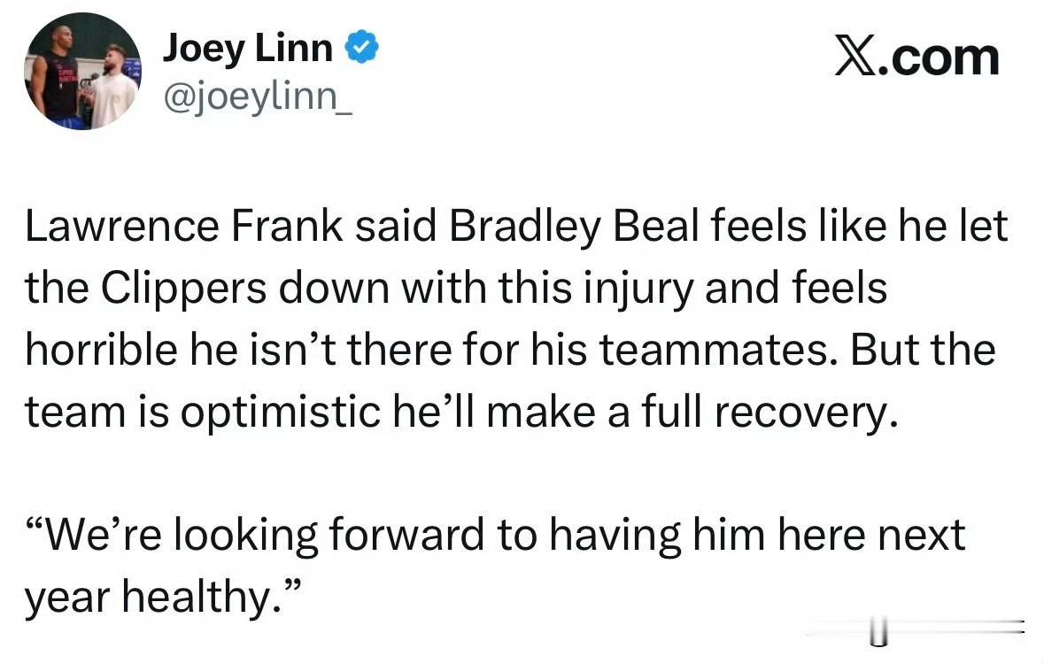 辜负球队、愧对队友！！！比尔对于赛季报销很是自责，内心愧疚不已！今天最大的悲